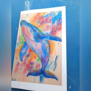 Colorful sea Whale greeting card / Hand drawned with pencils and full colors